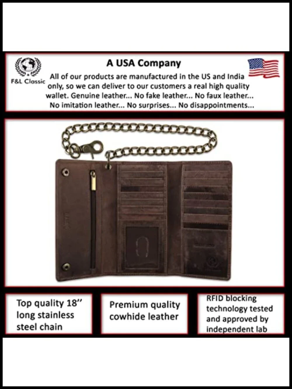 RFID Blocking Tri-Fold Cowhide Leather Wallet with Steel Chain